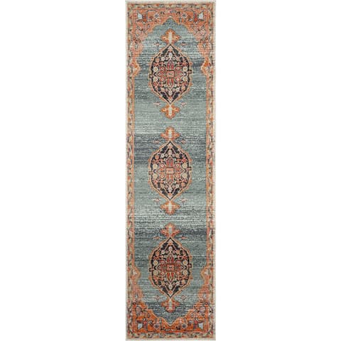 Frank Tiger carpets in blue, orange and multicolour, shown in a product top view as image 1