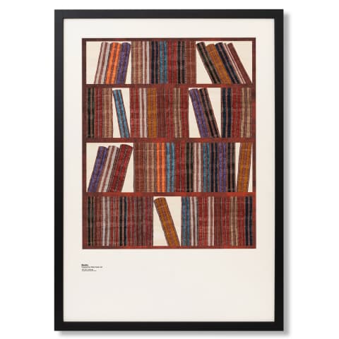 Books fine art print in rust, blue and multicolour, shown in a lifestyle front view as image 1