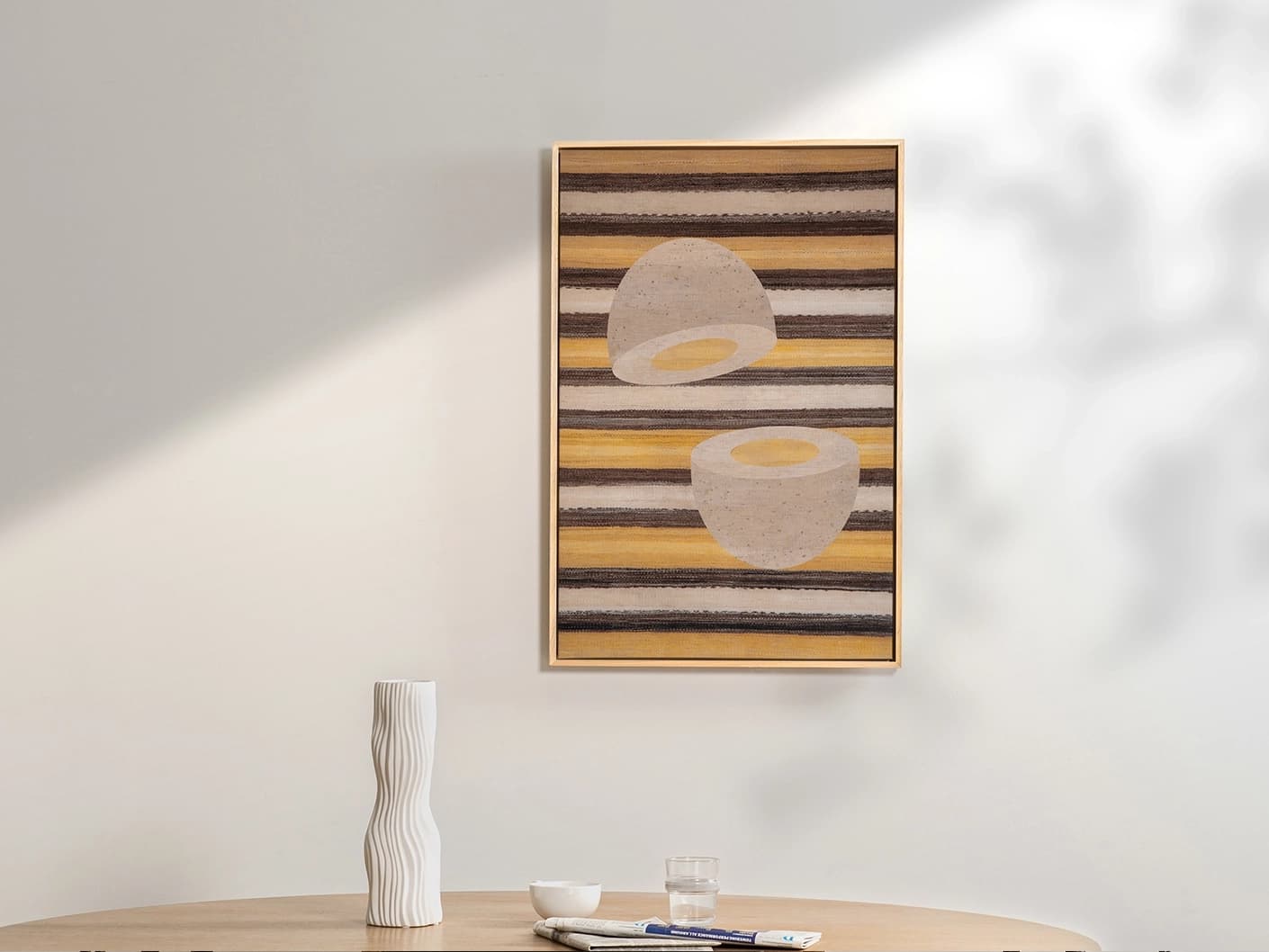 Eggsercise canvas in yellow, brown and beige, shown in a product front view as image 1