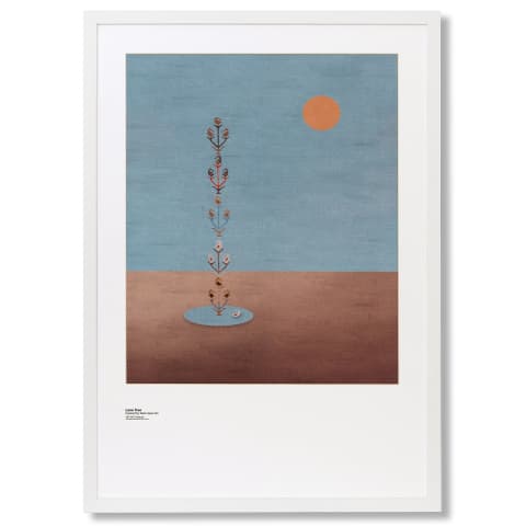Lone Tree fine art print in blue and beige, shown in a lifestyle front view as image 1