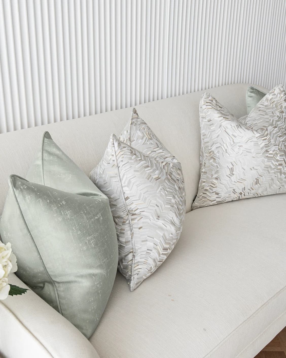 Marjorie Bundle cushion in silver, grey and green, shown in a product front view as image 7