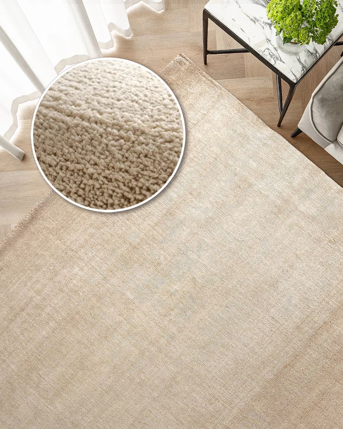 Oscar Sandy carpet in beige, shown in a lifestyle top view as image 2