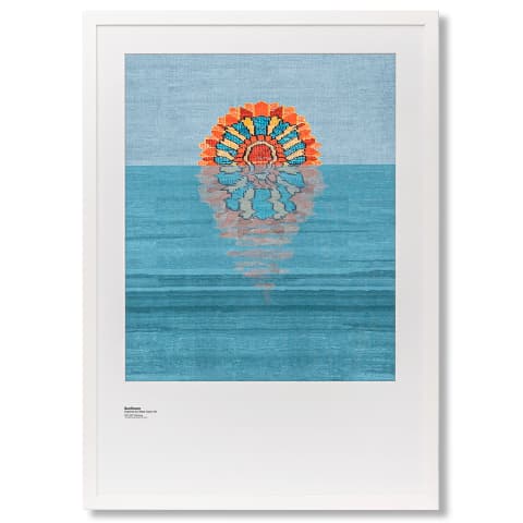 Sunflower fine art print in blue, shown in a lifestyle front view as image 1