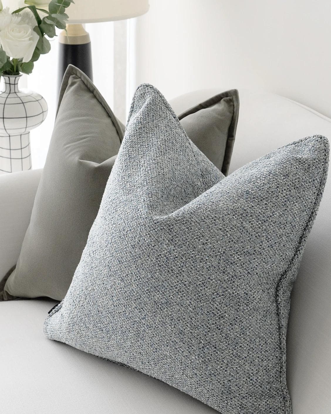 Tom Bundle cushion in grey and blue, shown in a lifestyle right view as image 6